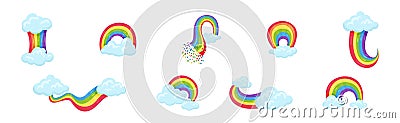 Bright Arched Rainbow with Soft Fluffy Clouds Vector Set Stock Photo