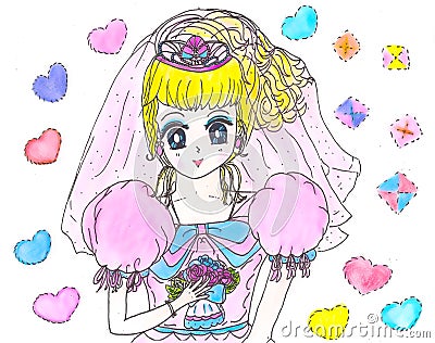 Bright attractive blonde young girl shoujo anime manga style in pink gown color illustration 2021 Vector Illustration