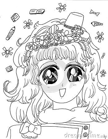 Bright attractive cute happy smiling young girl anime style coloring page illustration 2021 Vector Illustration