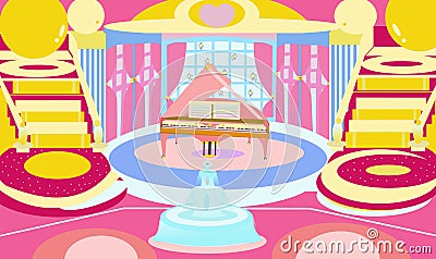 Bright attractive pink grand piano in a hall with carpeted stairs color illustration 2022 Vector Illustration