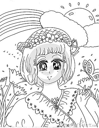 Bright attractive short haired young girl shoujo anime manga style in puffed sleeved dress coloring page illustration 2021 Cartoon Illustration