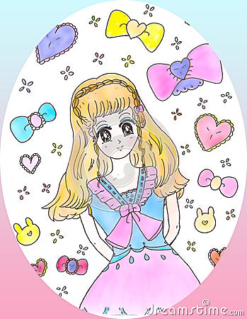 Bright attractive shoujo manga anime girl in colorful blue pink dress illustration 2021 Stock Photo