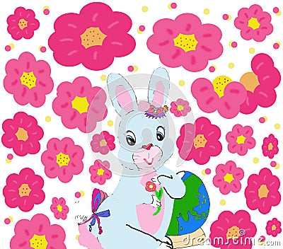 Bright light blue pink smiling cartoon bunny rabbit holding a flower with earth globe color illustration 2021 Vector Illustration
