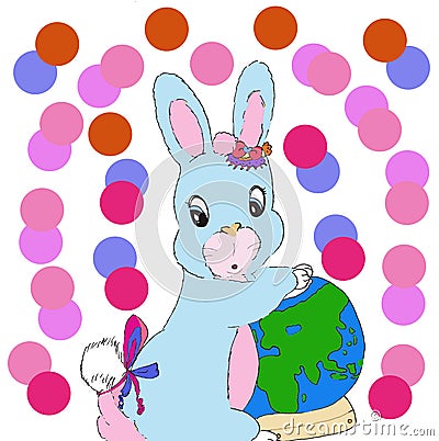 Bright attractive sweet light blue pink cartoon bunny rabbit holding onto earth globe art illustration 2021 Cartoon Illustration