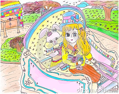 Bright attractive sweet bunny rabbit cartoon and young girl riding carriage simple illustration 2021 Vector Illustration