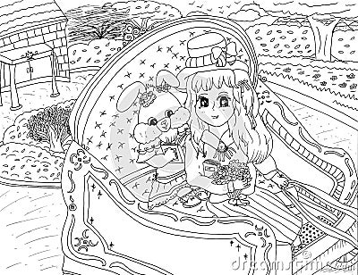 Bright attractive sweet girl bunny rabbit with friend riding carriage anime style illustration coloring page 2021 Vector Illustration