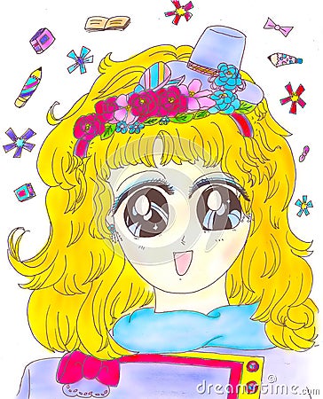 Bright attractive young blonde girl shoujo anime manga style with roses flower hat headband portrait illustration 2021 Cartoon Illustration