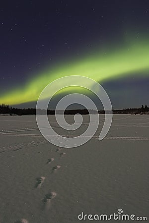 Bright aurora over frozen lake Stock Photo