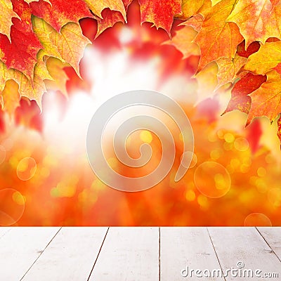 Bright autumn background. Red fall maple leaves and abstract bokeh light with empty white wooden board background Stock Photo