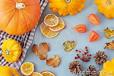 Bright autumn background. Top view of a white and brown checked kitchen towel, orange pumpkin, yellow squash, autumn leaves, Stock Photo