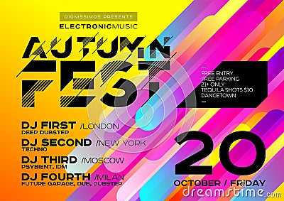 Bright Autumn Electronic Music Poster for Festival or DJ Party. Vector Illustration