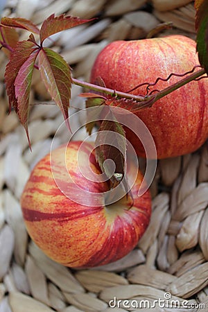 bright background. basket with red apples, beautiful background texture. juicy fruits. vitamins Stock Photo