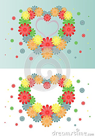 Bright background of multi-colored flowers in the form of a heart. Vector Illustration