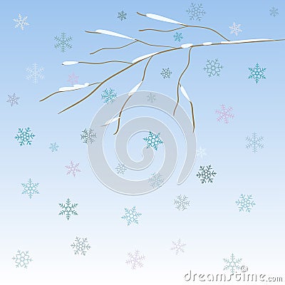 Bare winter abstract branch with blue snowflakes Vector Illustration