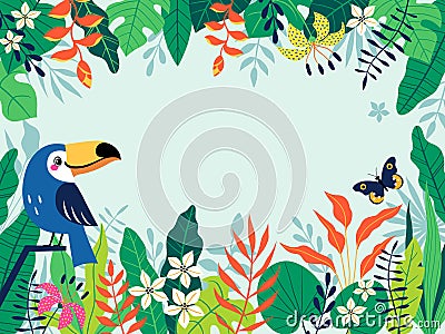 Bright background with tropical leaves, flowers and cute toucan Vector Illustration