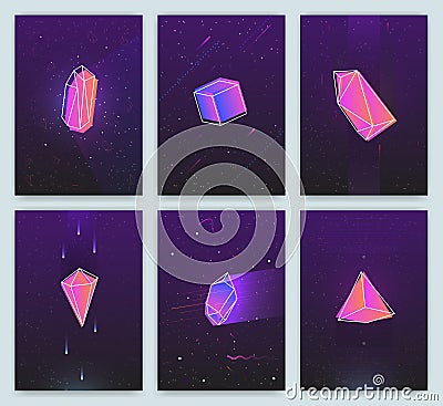 Bright backgrounds with retro futuristic neon space and crystals. Trendy posters of 80s style. vector cards collection. Vector Illustration