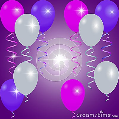 Bright balloons, color ribbons and flashes Cartoon Illustration