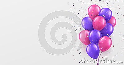 Bright balloons and confetti background realistic multicolored festive aero design decoration Vector Illustration