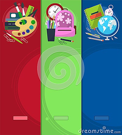 Bright banners back to school with schoolbag, globe, books and stationery with place for your text. Cartoon Illustration