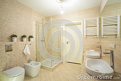 Bright bathroom with shower Stock Photo