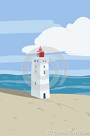 Bright beach sand dunes with the famous danish landmark lighthouse with blue sky background. Rubjerg Knude Lighthouse, LÃ¸nstrup Vector Illustration