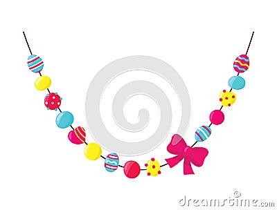 Bright beads with bow isolated on white background. Decorative glossy realistic elements. Symbol of Mardi Gras Vector Illustration