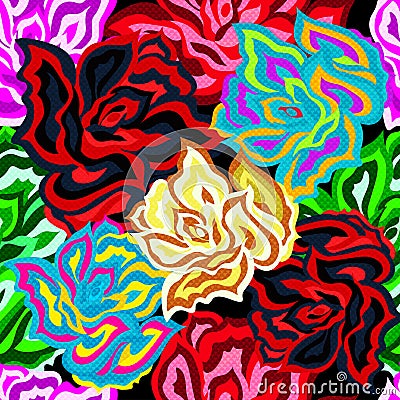 Bright beautiful colored roses seamless background Vector Illustration