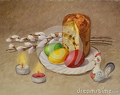 Bright beautiful composition of willow branches, Easter cake, painted eggs, statuettes of rooster and two burning candles. Stock Photo