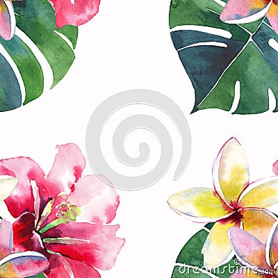 Bright beautiful green floral herbal tropical lovely hawaii cute multicolor summer frame of a tropical red pink white yellow flowe Stock Photo