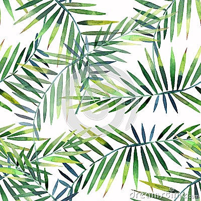 Bright beautiful green herbal tropical wonderful hawaii floral summer pattern of a tropic palm and monstera leaves watercolor hand Cartoon Illustration