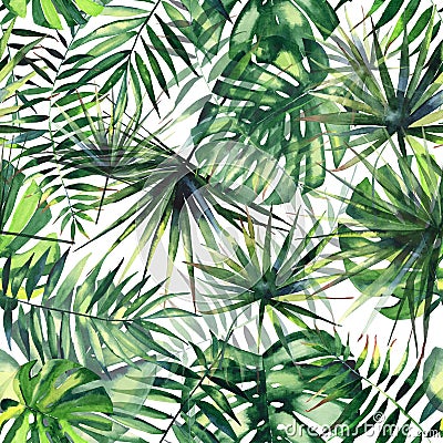 Bright beautiful green herbal tropical wonderful hawaii floral summer pattern of a tropic palms watercolor Cartoon Illustration