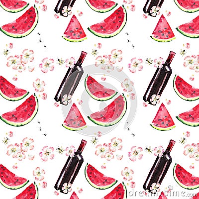 Bright beautiful lovely wonderful cute delicious tasty yummy summer picnic set includes bottle of red wine, slices of watermelon, Cartoon Illustration