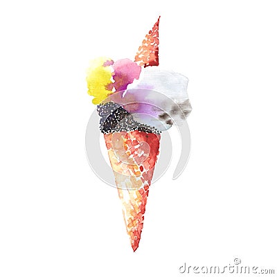 Bright beautiful nice cute delicious tasty chocolate yummy sweet summer dessert ice cream in a waffle horn Cartoon Illustration