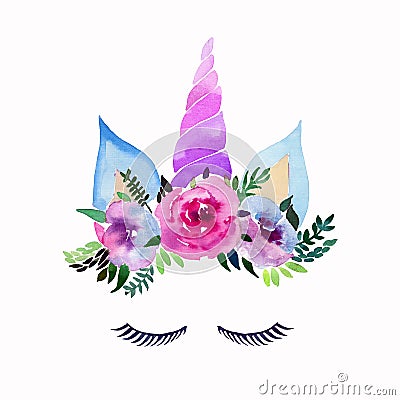 Bright beautiful spring lovely cute fairy magical colorful pattern of unicorns with eyelashes in the floral tender crown Vector Illustration