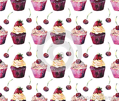 Bright beautiful tender delicious tasty chocolate yummy summer dessert cupcakes with cream red cherry and strawberry Cartoon Illustration