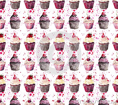 Bright beautiful tender delicious tasty chocolate yummy summer dessert cupcakes with red cherry strawberry and raspberry on red pi Stock Photo