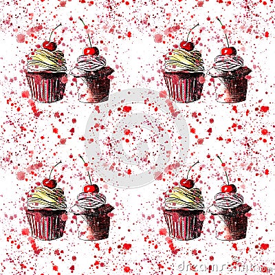 Bright beautiful tender delicious tasty chocolate yummy summer dessert cupcakes with red cherry strawberry on red pink spray Cartoon Illustration