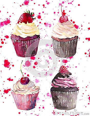 Bright beautiful tender delicious tasty chocolate yummy summer dessert four cupcakes with red cherry strawberry and raspberry on r Stock Photo