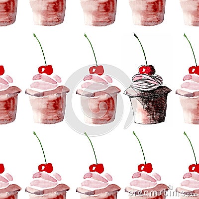 Bright beautiful tender lovely cute delicious tasty yummy summer dessert beige cupcakes with red cherry Stock Photo