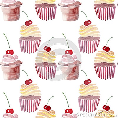 Bright beautiful tender lovely cute delicious tasty yummy summer dessert two cupcakes with red cherry Stock Photo