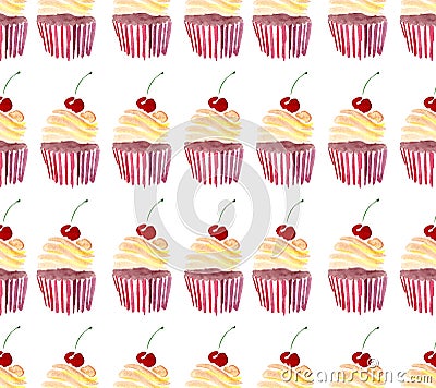 Bright beautiful tender lovely wonderful cute delicious tasty yummy summer dessert cupcakes with red cherry pattern watercolor Stock Photo