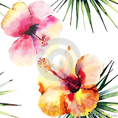 Bright beautiful tender sophisticated lovely tropical hawaii floral summer pattern of a tropic light pink and yellow hibiscus and Cartoon Illustration