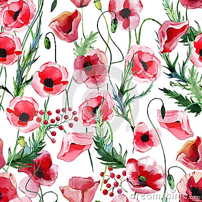 Bright beautiful wonderful summer autumn herbal floral red poppies flowers with green leaves pattern watercolor Cartoon Illustration