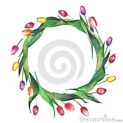 Bright beautiful wreath of red tulips yellow pink purple lavender flowers Stock Photo