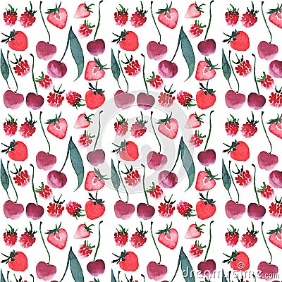 Bright berries cherry raspberry strawberry pattern Stock Photo