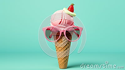 Bright berry ice cream in sunglasses, summer theme. Stock Photo