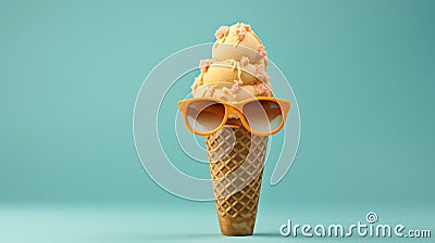 Bright berry ice cream in sunglasses, summer theme. Stock Photo