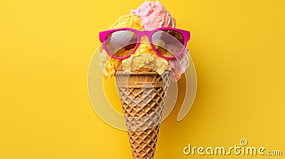 Bright berry ice cream in sunglasses, summer theme. Stock Photo