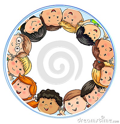 Big company joyful children different nationalities in circle Vector Illustration