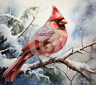 The bright bird sits on a snow-covered bunch with red rowan berries and holds. Christmas, New Year holiday background Stock Photo